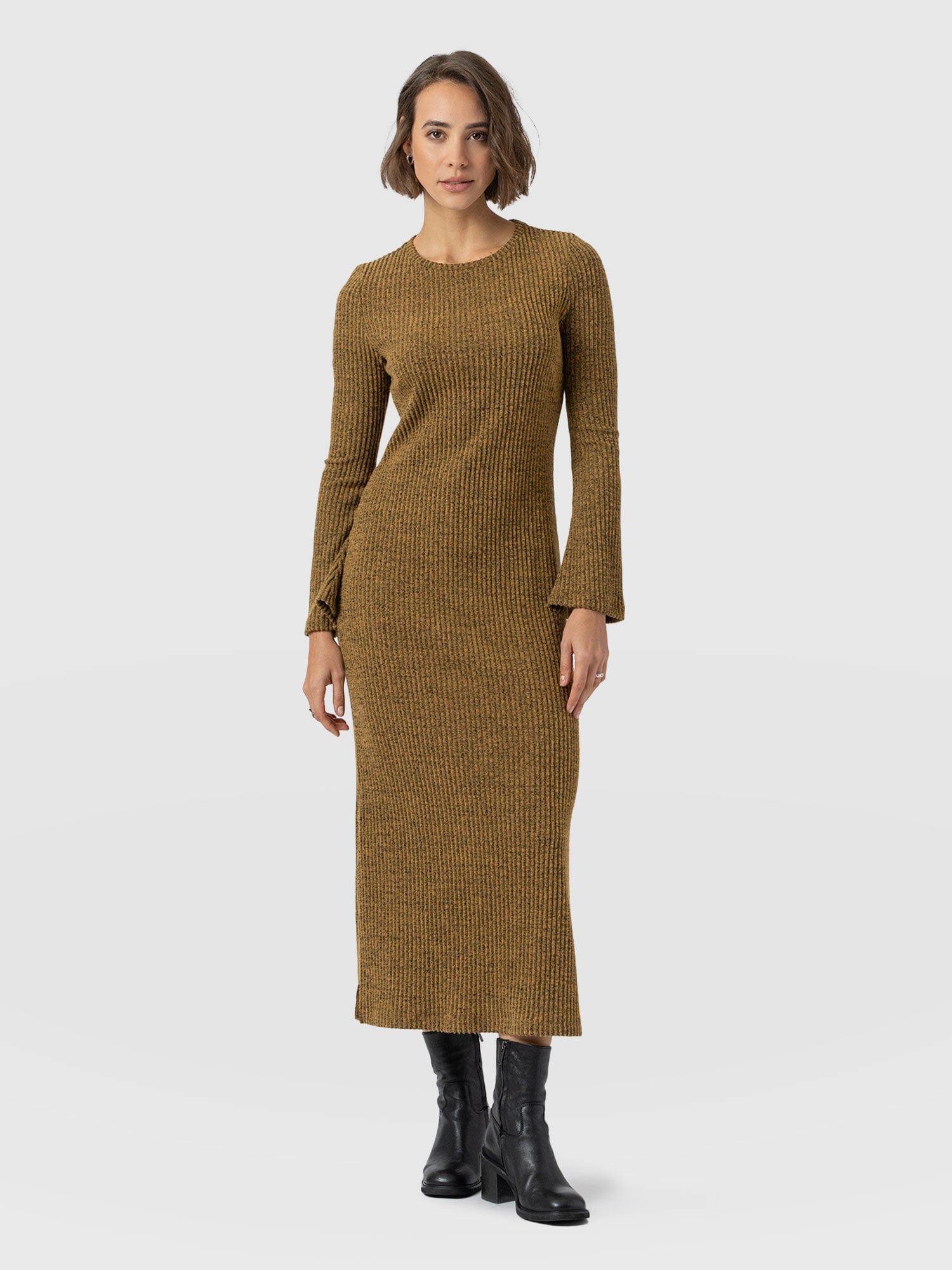 Callie Fluted Midi Dress - Mustard Melange - Women's Dresses | Saint + Sofia® USA